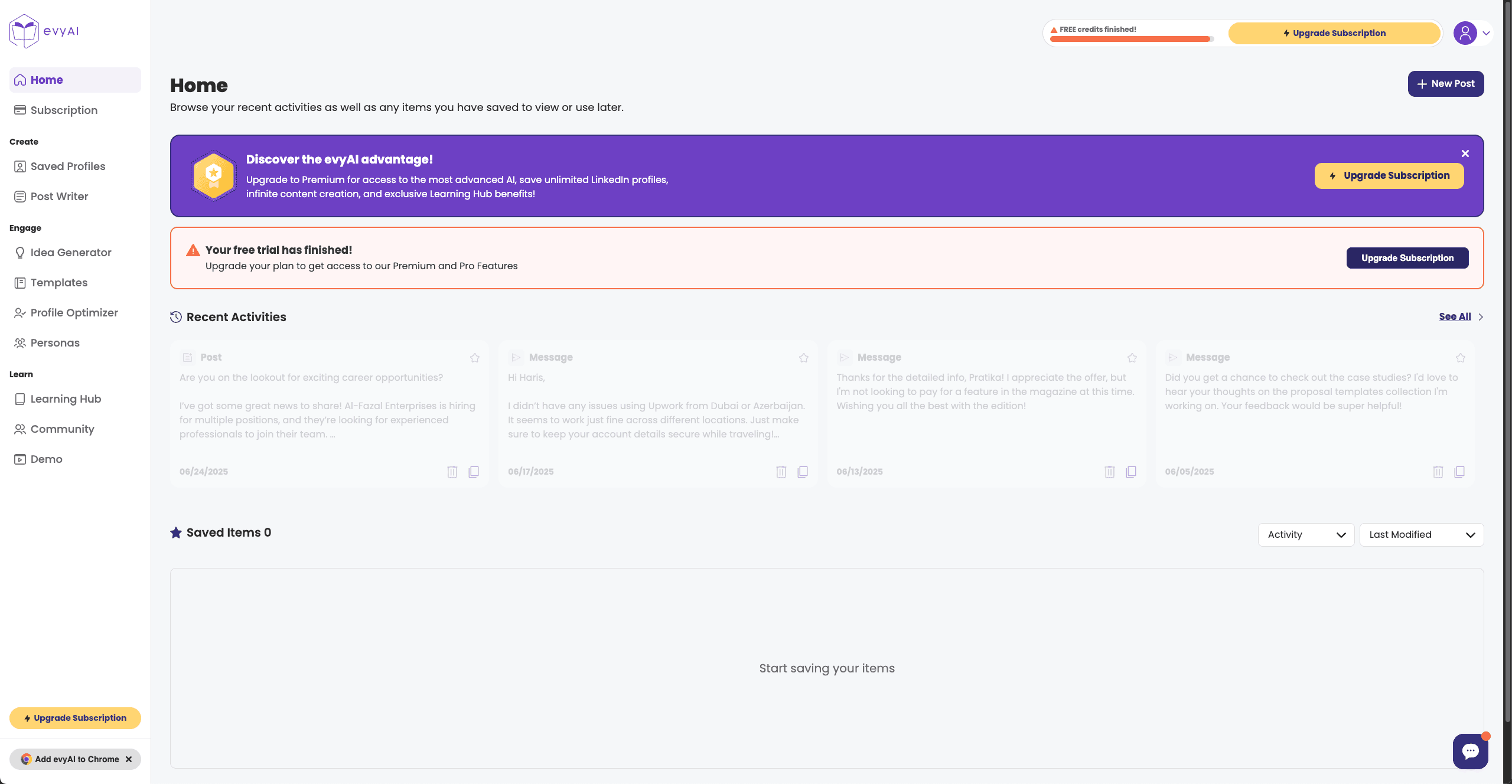 EvyAI Dashboard - Content management and analytics interface