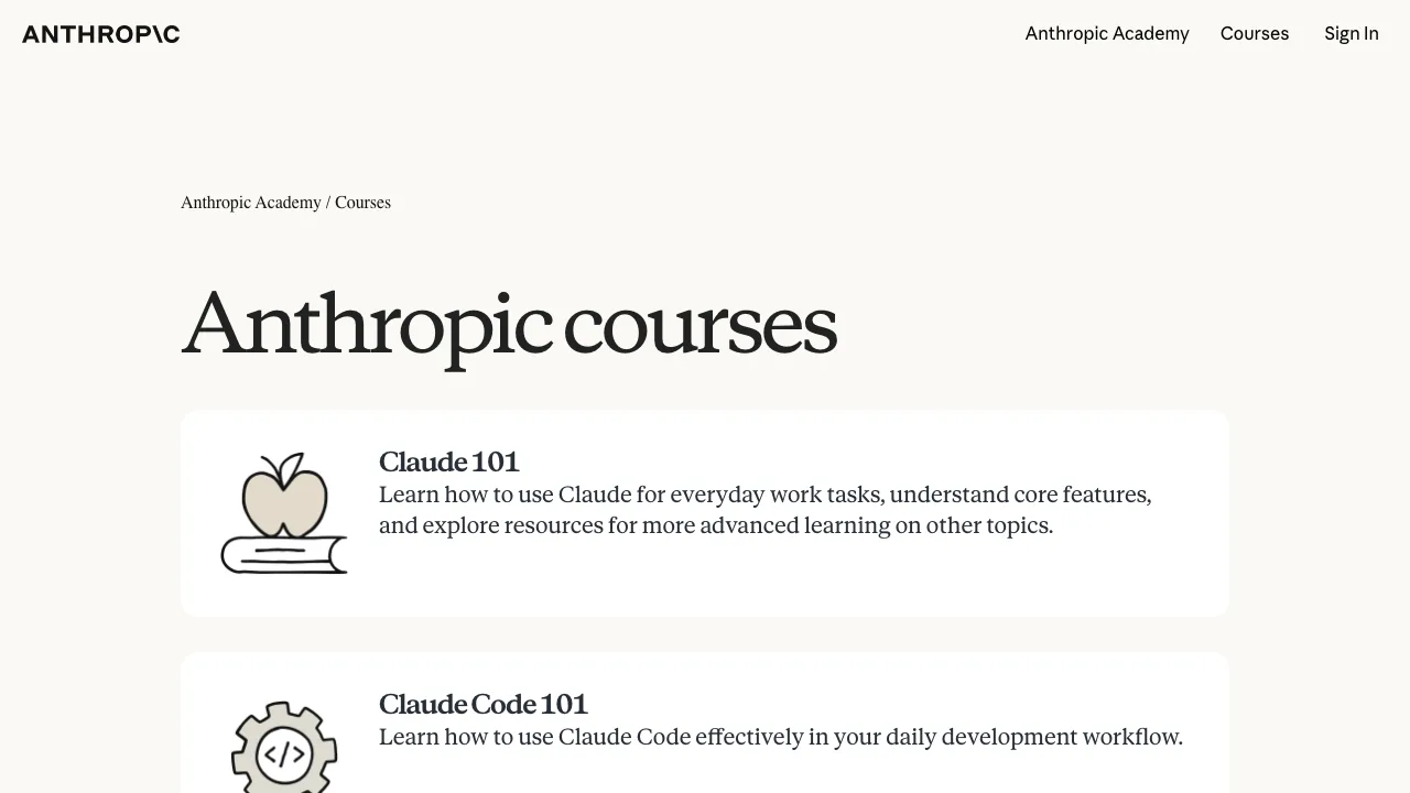 Anthropic Academy free course catalog showing Claude 101 and Claude Code 101 courses open to the public