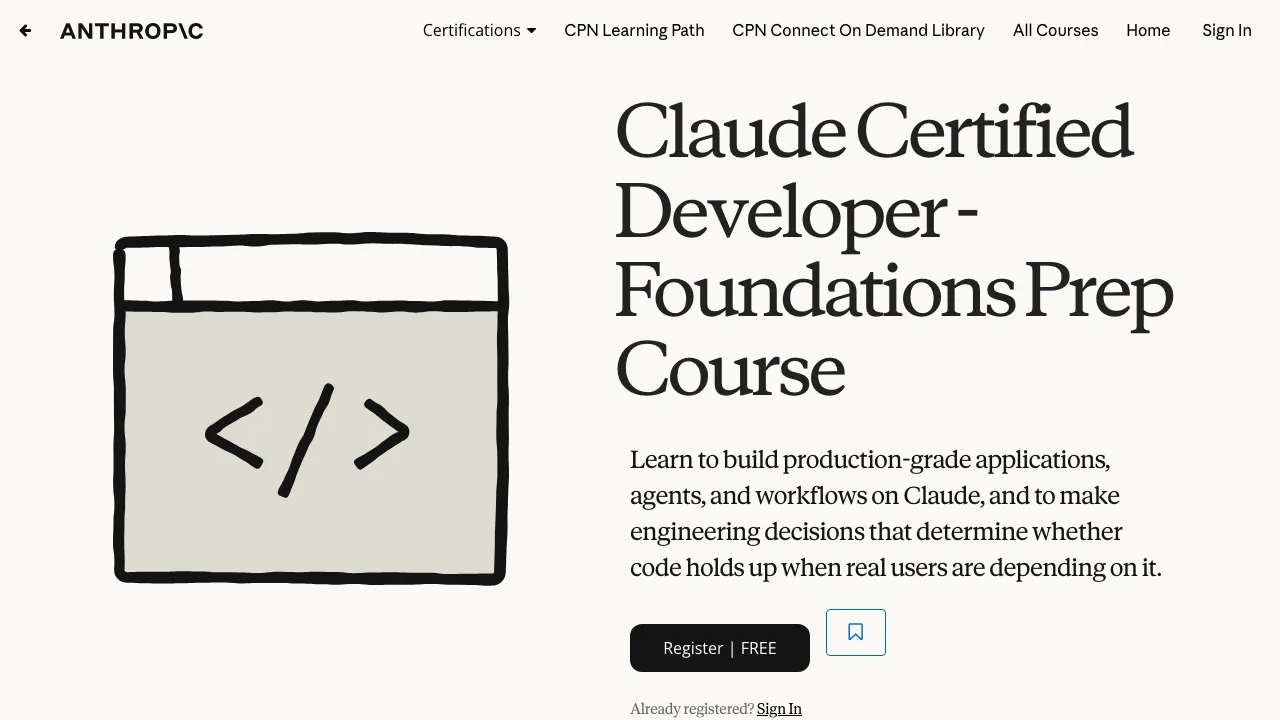 Claude Certified Developer Foundations prep course page showing a free registration button