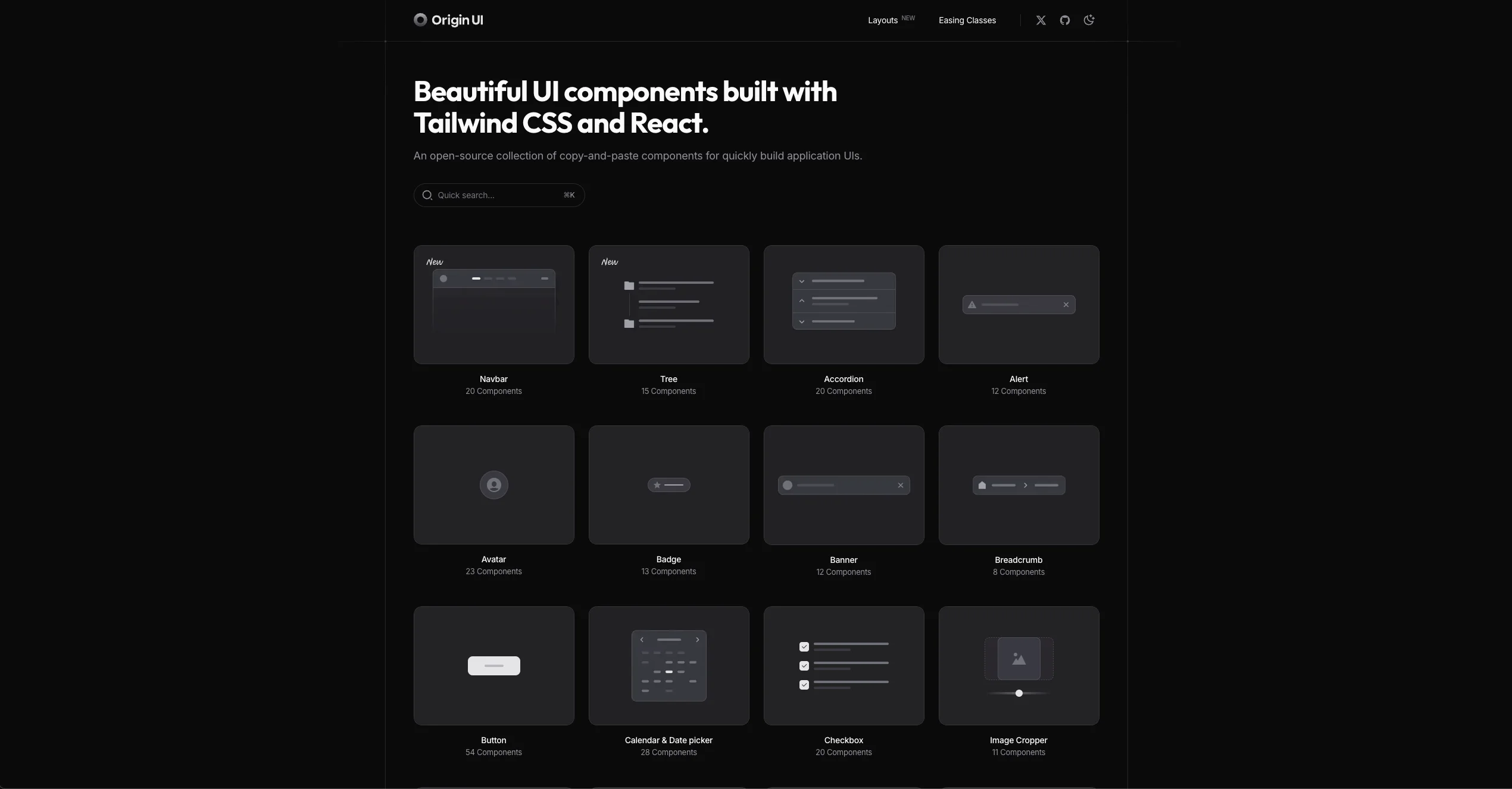 Origin UI components showcase — consistent React + Tailwind + Shadcn component library
