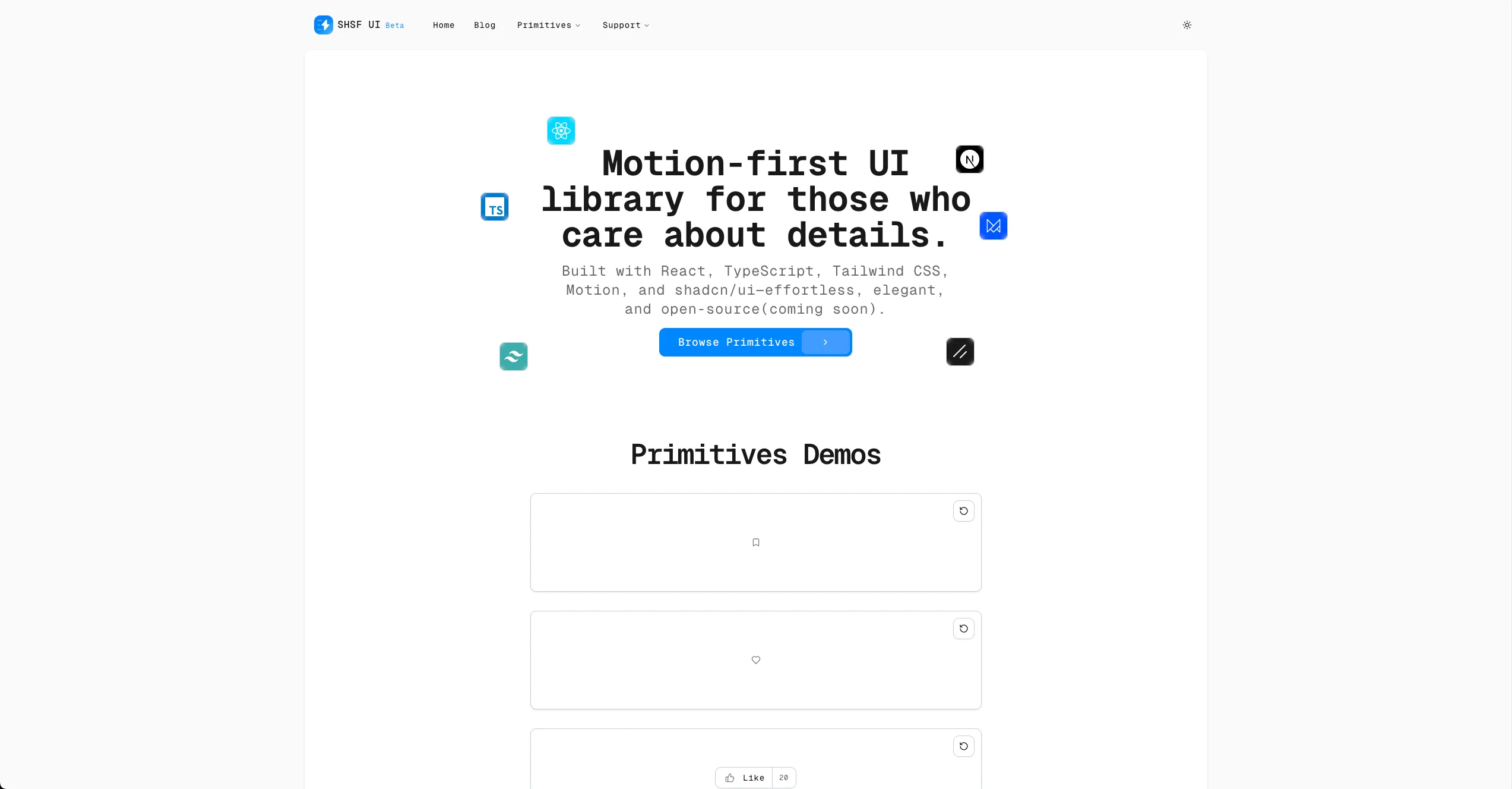 SHSF UI components showcase — meticulously animated primitives with premium micro-interactions