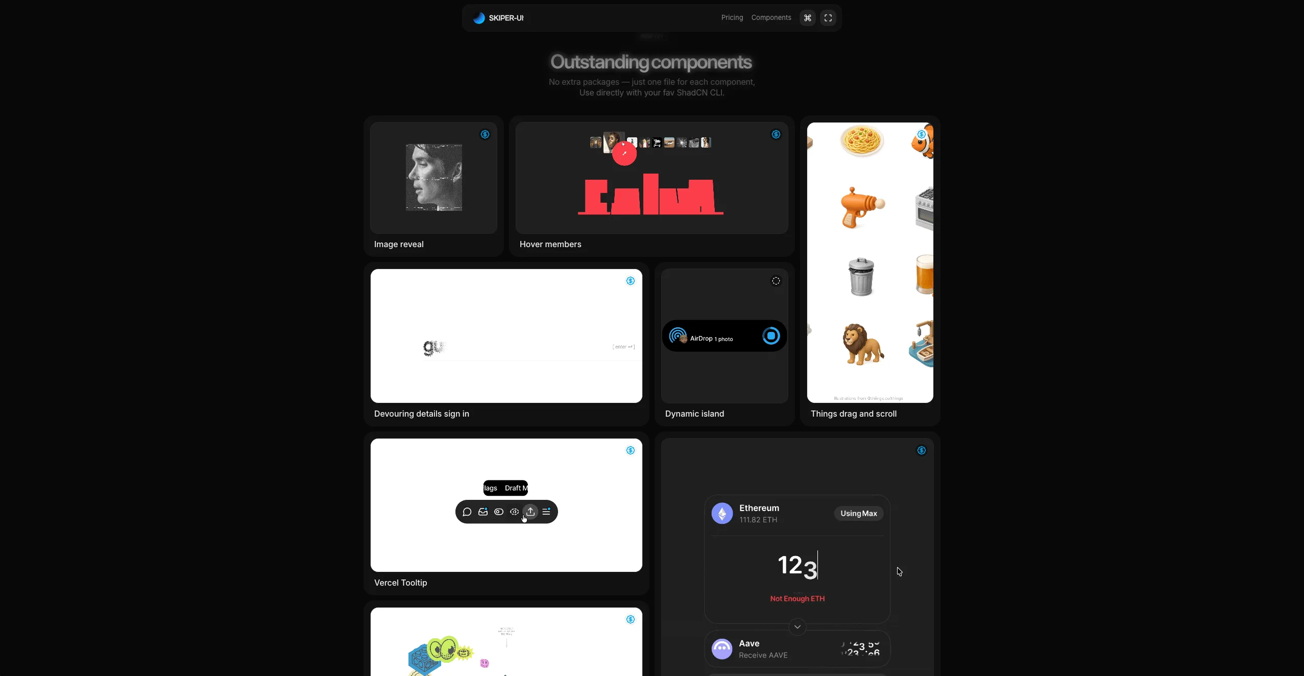 Skipper UI components showcase — creative motion-forward components for React applications